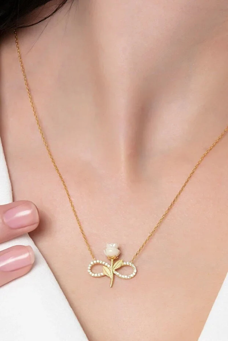 925 Sterling Silver Gold Plated White Rose Infinity Necklace with Zircon Stone