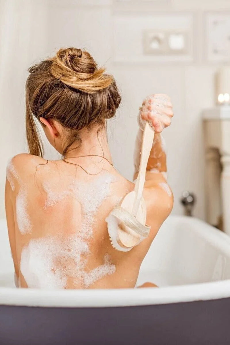 Natural Horsehair Bath Back Scrubber Detachable Long Handle Soft Bristle Brush with Wooden Handle