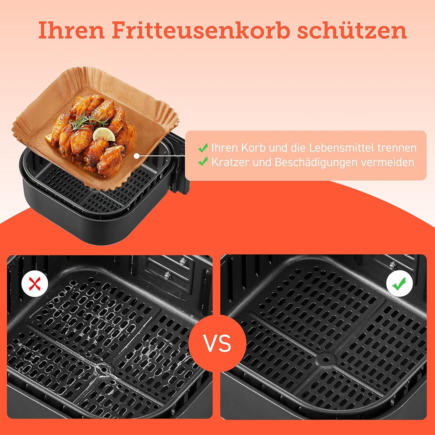 Cosori Backpapier Für Heißluftfritteuse XXL 4-7,3 L, 100 Stück 20 Cm, Ungebleichtes Airfryer Zubehör, Antihaftbeschichtete Einwegschalen, Pergamentpapier, Kompatibel Mit Gängigen Heißluftfritteusen