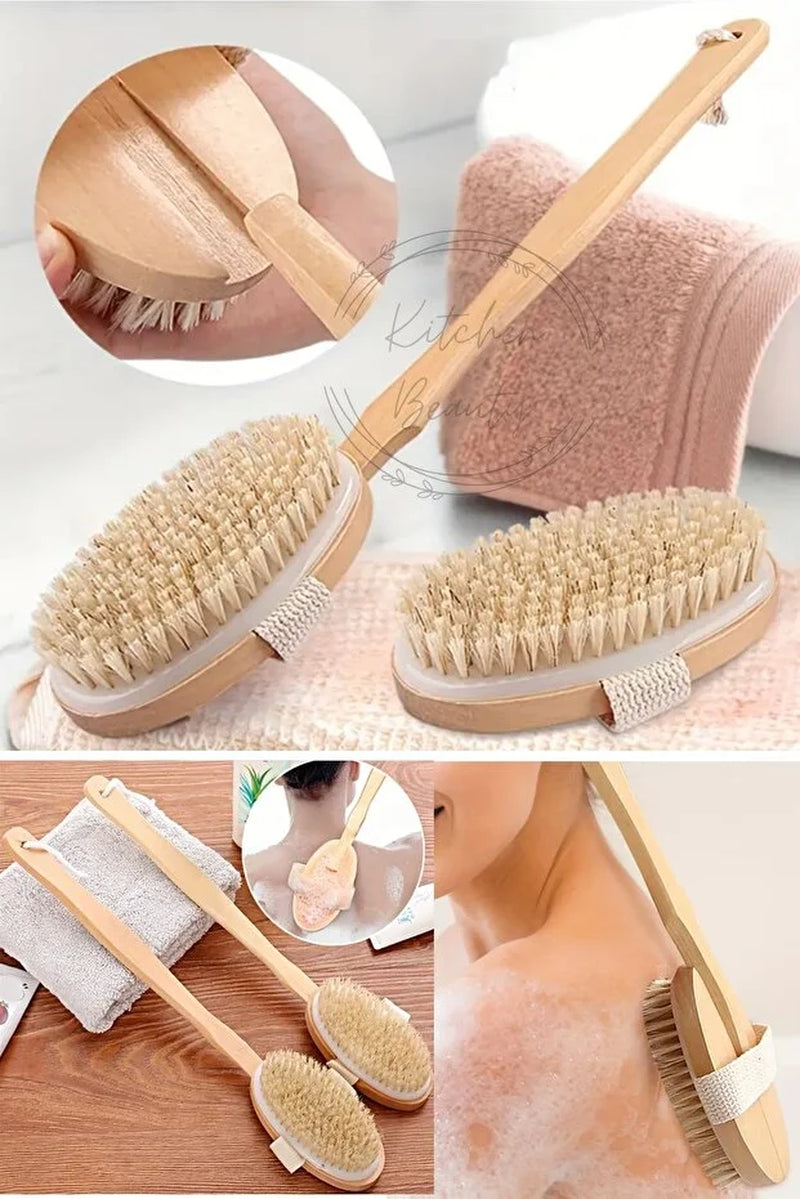 Natural Horsehair Bath Back Scrubber Detachable Long Handle Soft Bristle Brush with Wooden Handle