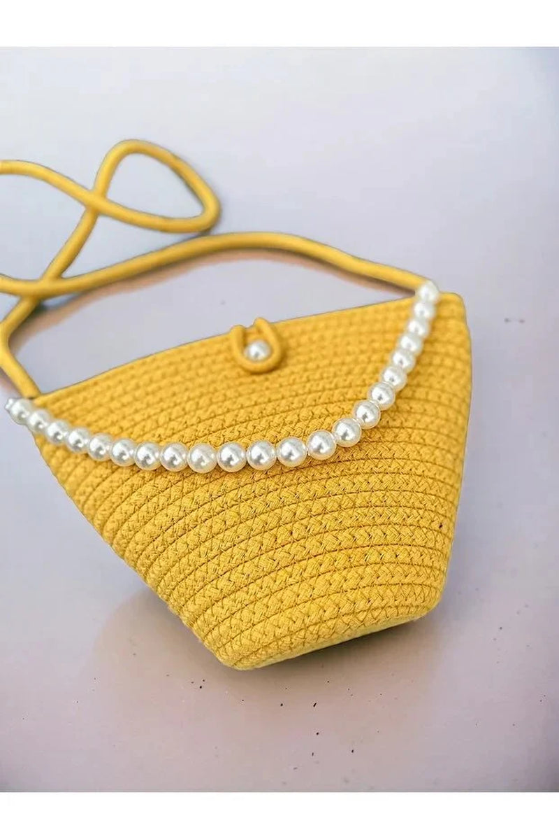Women Yellow Pearl Design Shoulder Bag Elegant Daily Handbag