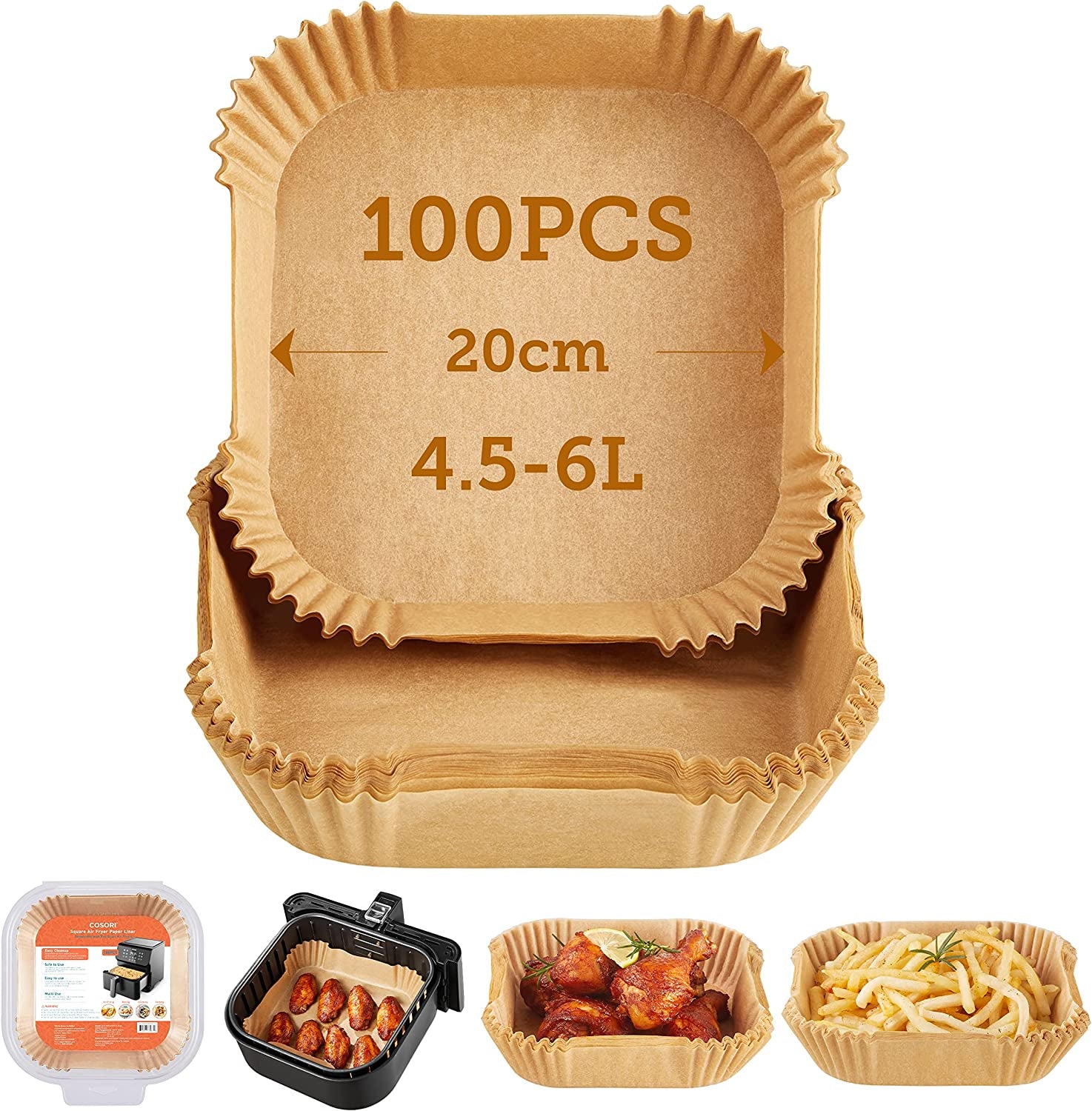 Cosori Backpapier Für Heißluftfritteuse XXL 4-7,3 L, 100 Stück 20 Cm, Ungebleichtes Airfryer Zubehör, Antihaftbeschichtete Einwegschalen, Pergamentpapier, Kompatibel Mit Gängigen Heißluftfritteusen