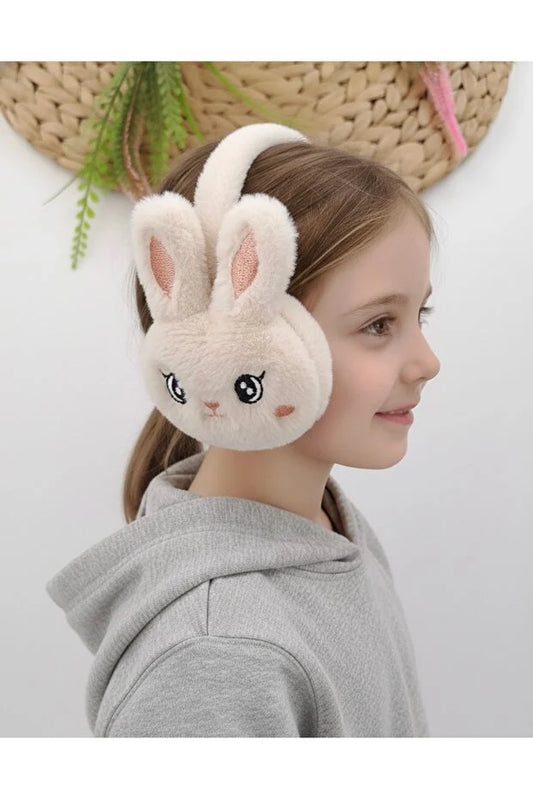 Girls Cream Plush Winter Earmuffs – Fluffy Bunny Ear Warmers for Kids