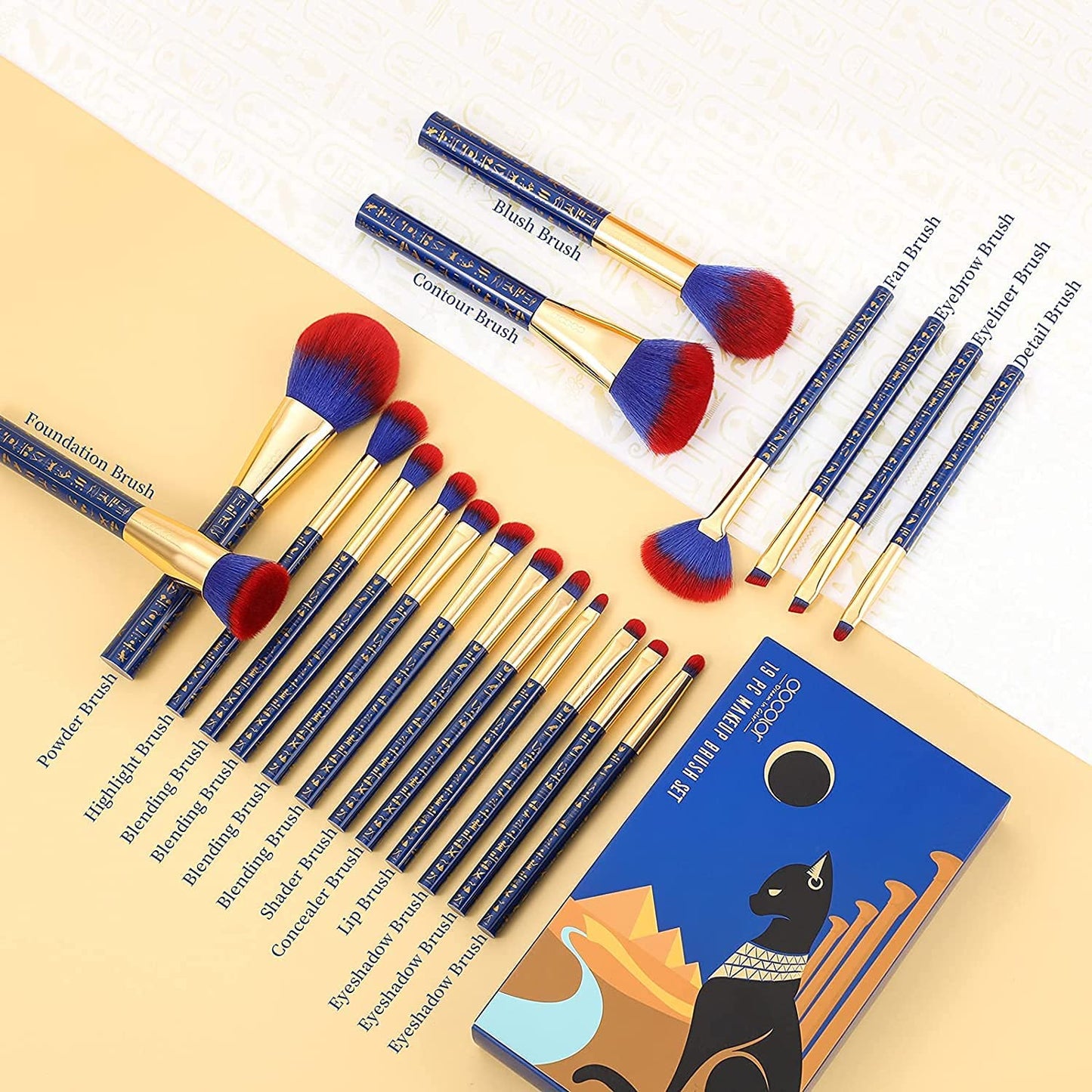 Docolor 19Pcs Bastet Katze Make-Up Pinsel Set Mit Blauem Wasserdichten Eyeliner Pen Super Slim Liquid Eyeliner Eye Liner Gel Premium Synthetic Kabuki Foundation Blending Face Powder Make up Pinsel Set