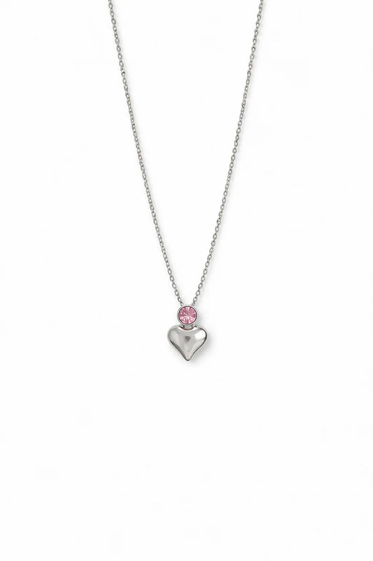 Stainless Steel Pink Stone Heart Necklace for Women