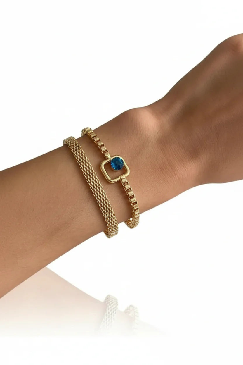 Blue Sparkle Bracelet Set Adjustable Two Piece Layered Minimalist Elegant Fashion Jewelry Gift for Her