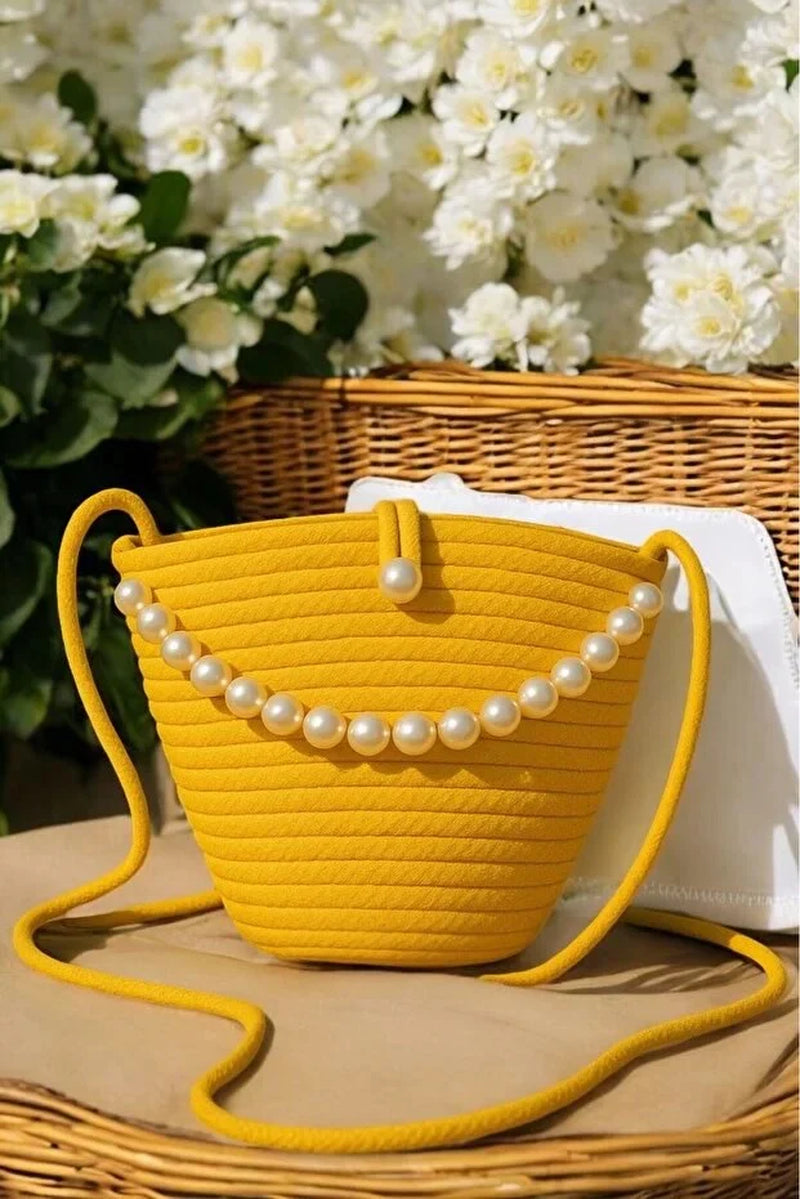 Women Yellow Pearl Design Shoulder Bag Elegant Daily Handbag