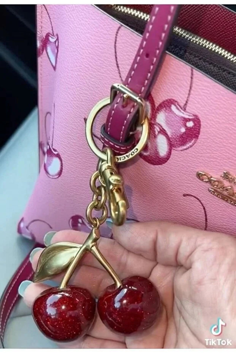 Glitter Cherry Red Bag Charm with Gold Detail Keychain Accessory