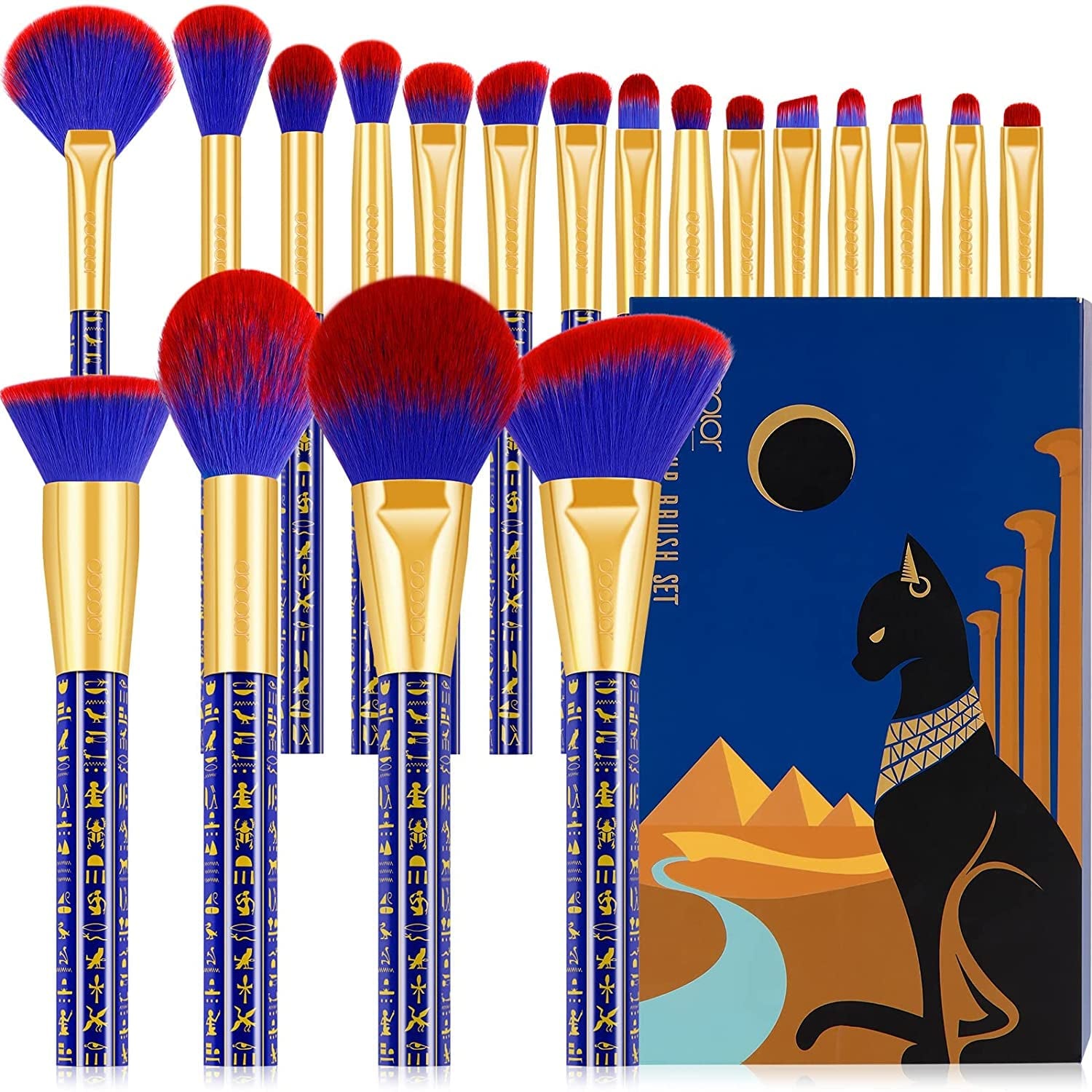 Docolor 19Pcs Bastet Katze Make-Up Pinsel Set Mit Blauem Wasserdichten Eyeliner Pen Super Slim Liquid Eyeliner Eye Liner Gel Premium Synthetic Kabuki Foundation Blending Face Powder Make up Pinsel Set