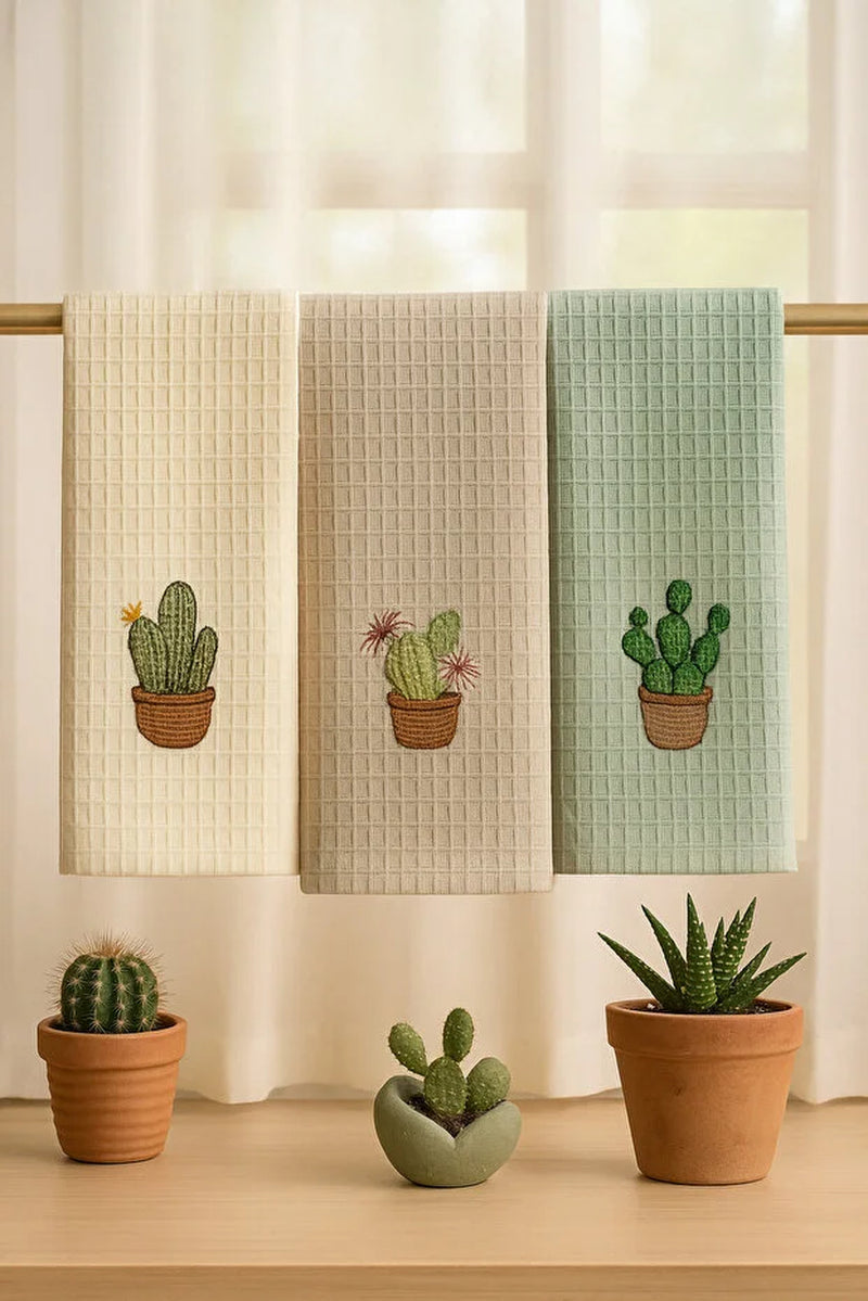 Embroidered Kitchen Towel Cactus Design Dish Drying Cloth 40 X 60 Cm Cotton Tea Towel