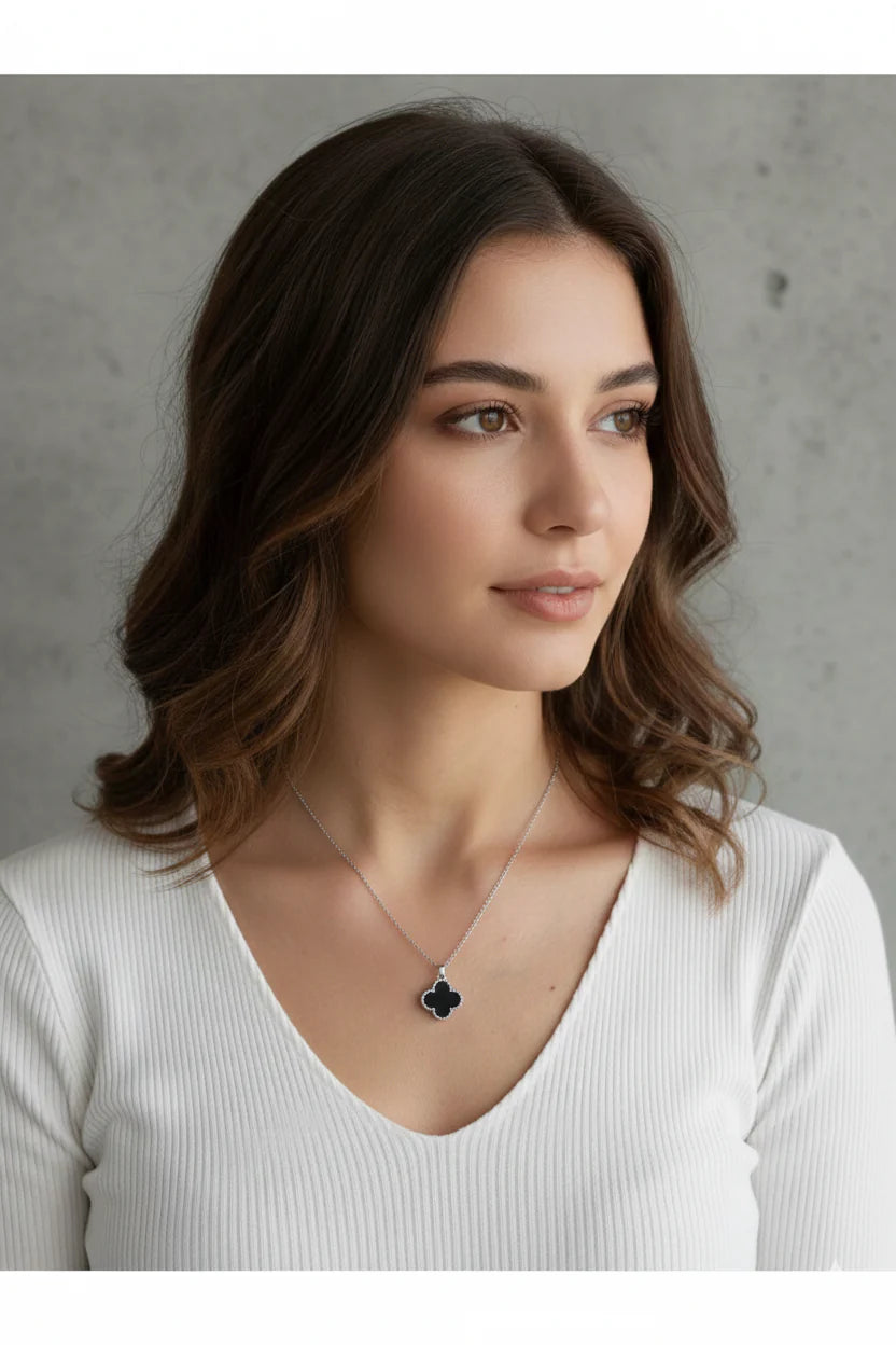 Stainless Steel Silver Black Clover Necklace for Women