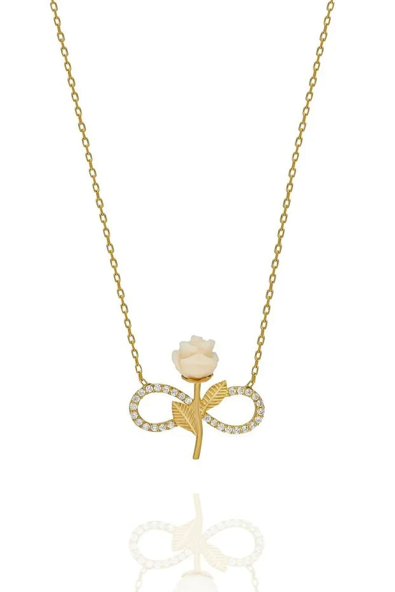 925 Sterling Silver Gold Plated White Rose Infinity Necklace with Zircon Stone