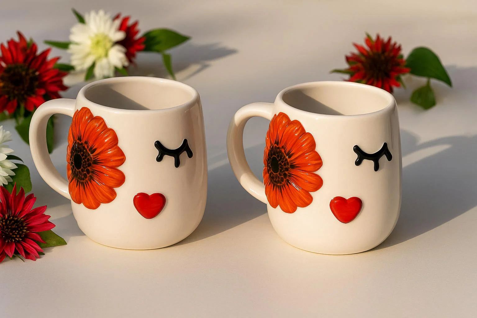 Set of 2 Handmade Embossed Flower Face Mugs 400Ml for Unique Coffee Experience