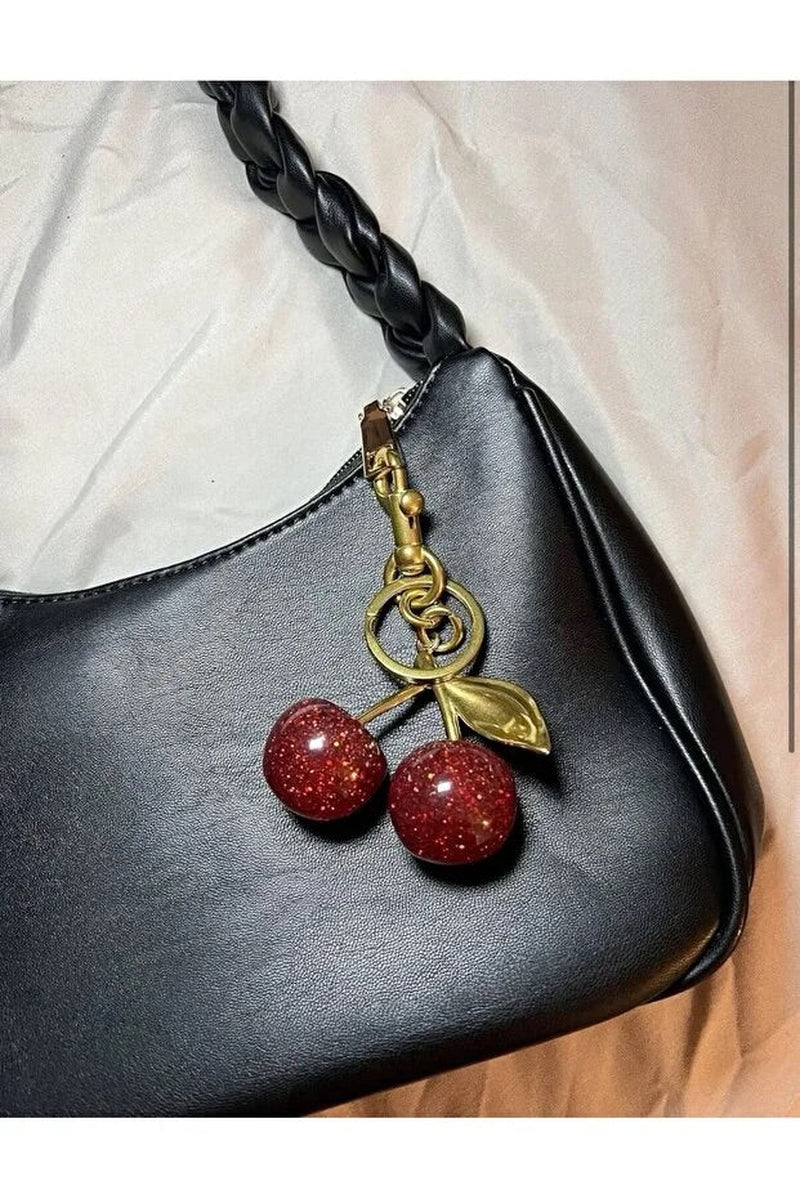 Glitter Cherry Red Bag Charm with Gold Detail Keychain Accessory