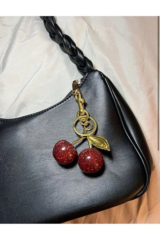 Glitter Cherry Red Bag Charm with Gold Detail Keychain Accessory