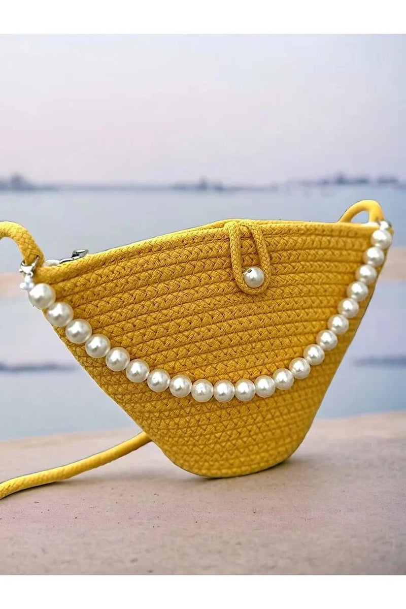 Women Yellow Pearl Design Shoulder Bag Elegant Daily Handbag