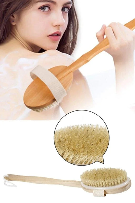 Natural Horsehair Bath Back Scrubber Detachable Long Handle Soft Bristle Brush with Wooden Handle